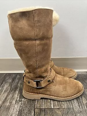 UGG Winter Snow Boots Womens 9.5 Braiden Tall Brown Suede Zip Sheepskin 1012361 • $39.99