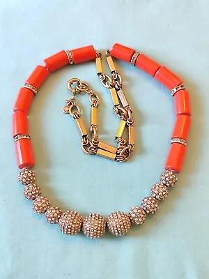 Vintage Signed J. Crew Necklace Rhinestone Pave Ball Orange Acrylic Panel Link • $32.29