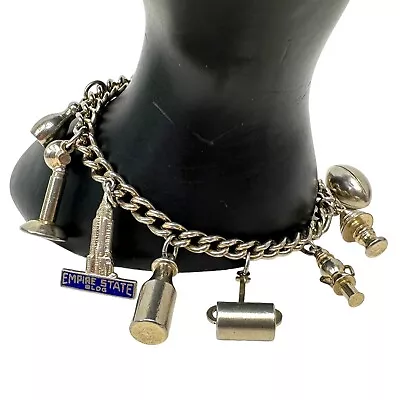 Vtg Silver Tone Charm Bracelet Empire State Building Football Baseball Wine • $46.31