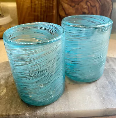 Hand Blown Mexican Glass Tumbler Set Of 2  Turquoise Aqua Swirl 4” UNUSED • $13