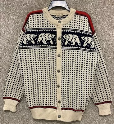 Vintage LL Bean Men's Size L/XL Norway Button Cardigan Wool Sweater Polar Bear • $39.99