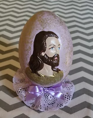 Vintage Jesus Easter Egg Ceramic Handpainted Glitter Lace • $10