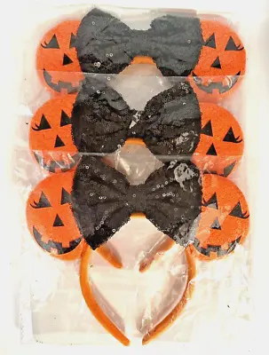 NEW 3 Pack Mouse Ears Headbands Shiny Sequin Bows Hairband Orange Black Pumpkins • $24.95