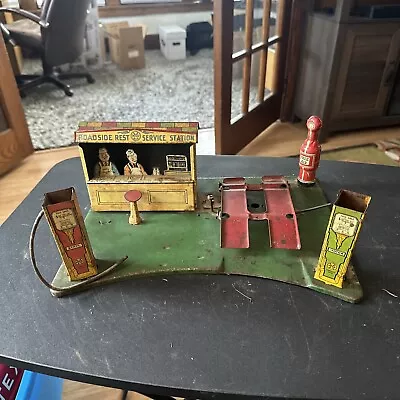 Vintage MARX Tin Litho Toy Roadside Rest Service Gas Station Missing Parts EARLY • $63