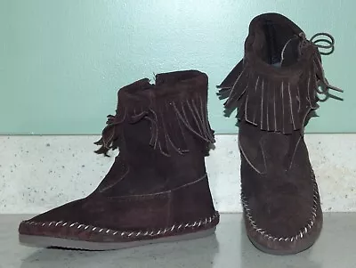 Vintage Fringe Handmade Brown Suede Leather Moccasin Calf Lace Boots Women's 6 • $25