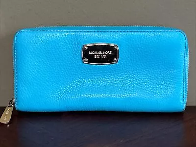 Michael Kors Large Zip Around Continental Pebbled Leather Clutch Wallet Teal Blu • $0.99