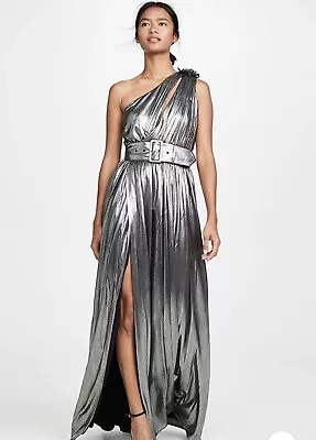 Metallic One Shoulder Cutout High Slit Maxi Evening Dress - Silver - Size Large • $61.99