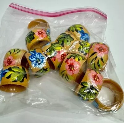 Vintage SET OF 13 HAND PAINTED WOODEN FLORAL NAPKIN RINGS • $0.99
