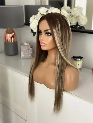 🐸 Brown Blonde Lace 18” 24” Ombre Highlights 100% Roots Human Long Hair Wig • £229.99