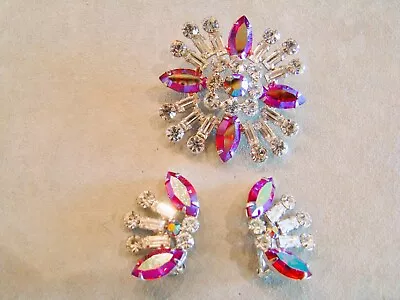 Vintage B DAVID Pink Clear Rhinestone Pin Brooch And Earrings Demi Parure • $29.99