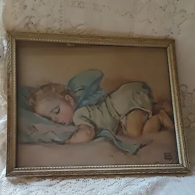 Vtg Framed Maud Tousey Fangel Baby Boy  Infant Sleeping Print 9 X 11 Picture • $39