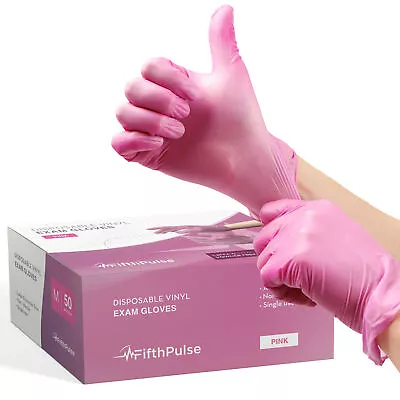 Fifth Pulse Vinyl Exam Latex & Powder Free Gloves - Pink - Box Of 50 (Medium) • $13.99