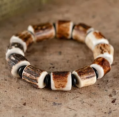 Natural Elk Antler Stag Roll Bead Bracelet Amulet Gift • $90.25