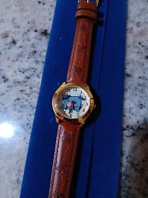 VTG Disney Authentic Eeyore Blue Birds Winnie The Pooh Time Works LEATHER Watch • $35