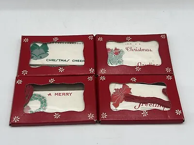 Vtg 4 Boxes Art Deco Christmas Gift Tags String Wreath Bow Bells Pinecones NOS • $25.60