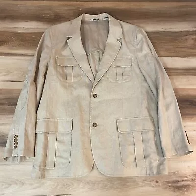 LL Bean Blazer Mens 48R Khaki 2 Button Linen Unstructured Travel Safari Jacket • $89.95