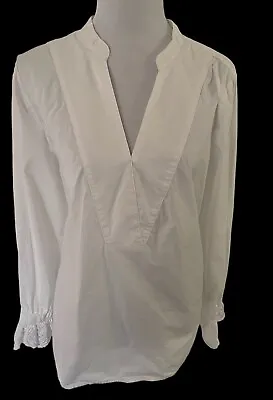 J Crew White Tunic Pullover Blouse Eyelet Lace Trim Long Sleeves Womens M • $8.40