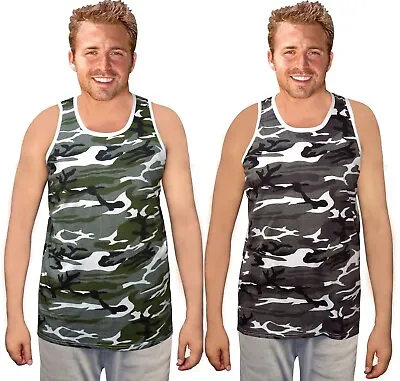 Mens Army Camouflage Camo Vests COTTON Sleeveless Tank Top Training BodyBuilding • £3.99