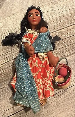 Vintage Oil Cloth Wood Souvenir Mexican Folk Art Doll With Baby & Basket 9 Inch • $32.99