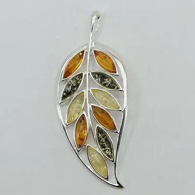 Natural Genuine Multi-Color BALTIC AMBER Leaf Pendant 925 STERLING SILVER #1410 • $41.47