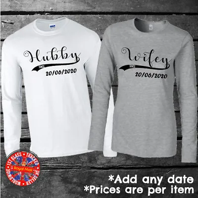 Hubby & Wifey Long Sleeve Matching T-shirt Personalised Couples Set Wedding  • £11.99