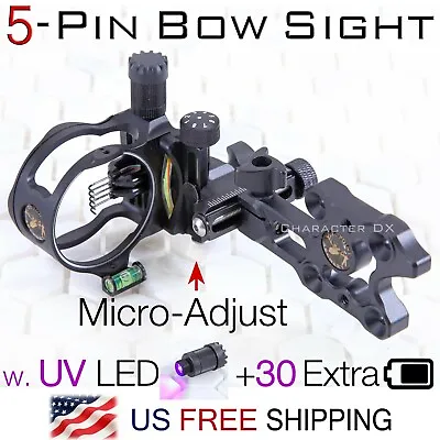5 Pin Micro-Adjust Compound Bow Sight .019  Fiber 3-Levels UV LED Bow Hunting • $58.98