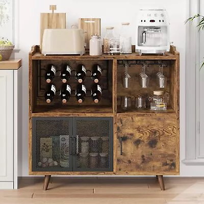 Vintage Wine Bar Cabinet Liquor Coffee Bar Cabinet With Wine Rack And Glass ... • $192.53