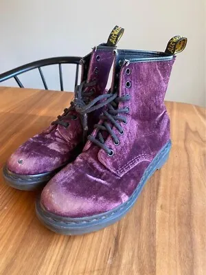 Dr. Martens AirWair Castel Purple Velvet Combat Boots Purple Lace Up Size 7 US L • $85