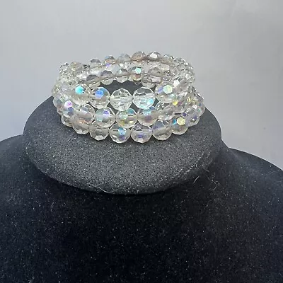 Vintage Aurora Borealis AB Crystal Strand Silver Tone Clear 50's Bracelet • $16.95