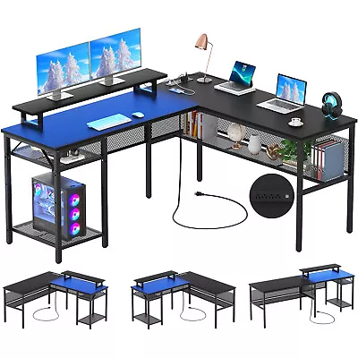 NEW L Shaped Computer Desk Desk W/ Outlets & LED Lights Home Office Corner Desk  • $116.99