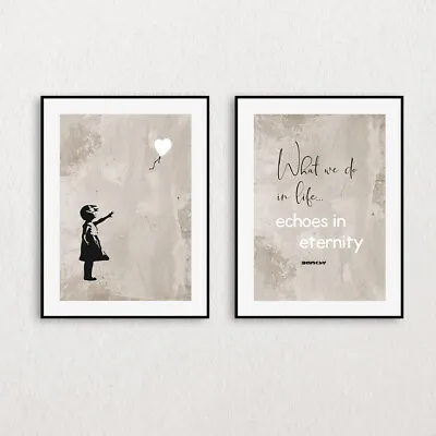 Set Of 2 Banksy Wall Art Quote Prints Heart Balloon Girl Posters Pictures Beige • £9.99