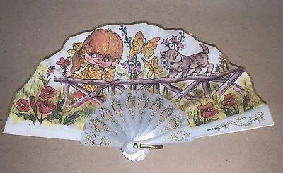 Joan Vintage 60-70'S Hand Travel Fan Child Cat Butterfly Floral Print Spain • $14.95