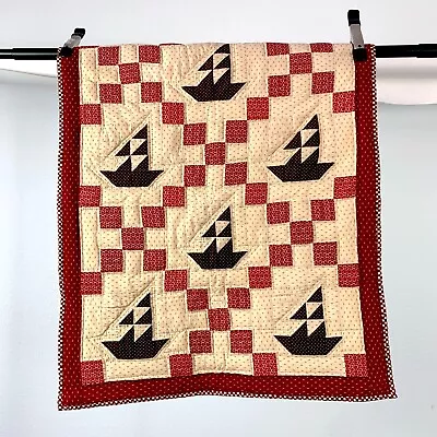 Hand Quilted Red Tan Brown Nautical Sailboats Baby Toddler Crib Quilt 31  X 38  • $80