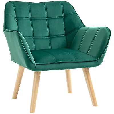 HOMCOM Luxe Velvet-Feel Accent Chair W/ Wide Arms Slanted Back Wood Legs Green • £82.99