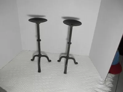 Vtg 2pc Wrought Iron Pillar Candle Holders Tri Leg 11.5  • $39.99