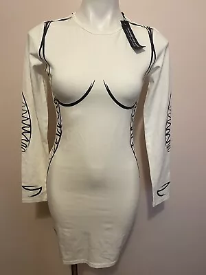 NWT Maniere De Voir Women's Mini Dress Body-con White Black Long Sleeve NEW S • $35