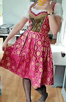 Unique German Vintage Dress Dirndl Heavy Pink Gold Brocade Satin Embroidered 8 • £35