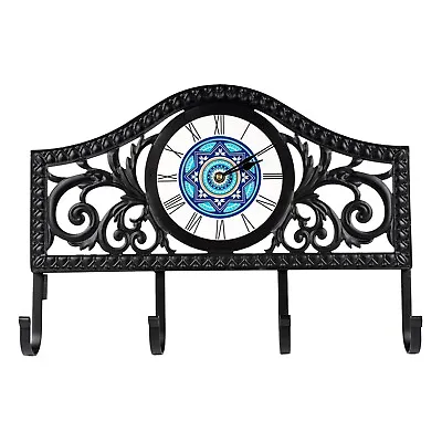 WALL MOUNTED BLACK METAL SCROLLWORK Hook Hat Rack Coat Holder With Aztek Clock • $27.99