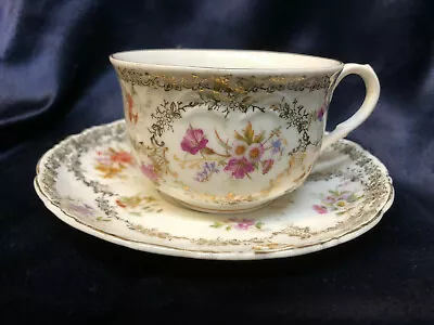 C Tielsch Dresden Germany Cup & Saucer Gold Filigree Pink & Purple Floral Design • $47.49