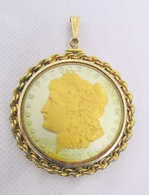 Gold Painted Gen 1885 Morgan Silver Dollar In Rope Bezel Pendant 60x45mm - 37.1g • $149.95