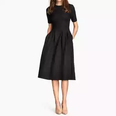 H&M Black Textured Midi Dress With Pockets Size 4 Mad Men Mrs. Maisel MCM • $30