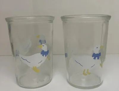 Two Vintage Bama Jelly Juice Jars Country Goose Blue Bows Duck Geese • $8.99