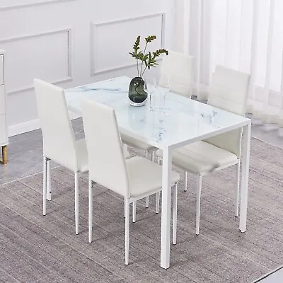 4x White Faux Leather Dining Chairs & White Marble Glass Dining Table Dining Set • £149.99