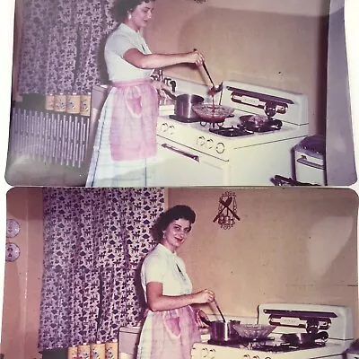 Vintage Color Photo Lot Of 2 Woman Apron Homemaker Cooking Kitchen Stove Oven • $10.04