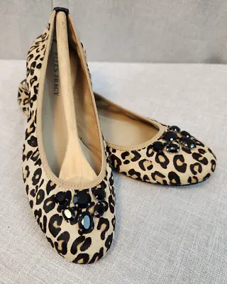 USED Ellen Tracy Womens Carla 9 M Cheetah Print Cowhide Embellished Ballet Flats • $41.60