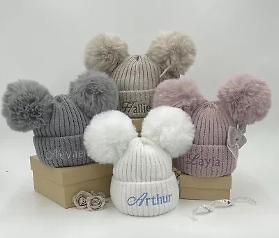 Personalised Baby Pom Pom Hat Girls/Boys Embroidered Double Pom Hat  6-18 Mths • £12.95