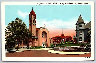 Middletown Ohio~Saint Johns Catholic Church Rectory & School~1950s Postcard • $8.99