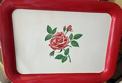 Vintage Metal TV Or Bed Tray - Pink Rose Design - 9”x14” Lap Tray - Good • $6.99