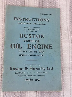 £9.50 • Buy Vintage Ruston & Hornsby Vertical Oil Engine Instructions..class Vh & Vhn