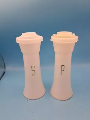 Vintage Tupperware White Hourglass Salt Pepper Shakers Set Gold Letters 6  • $22.99